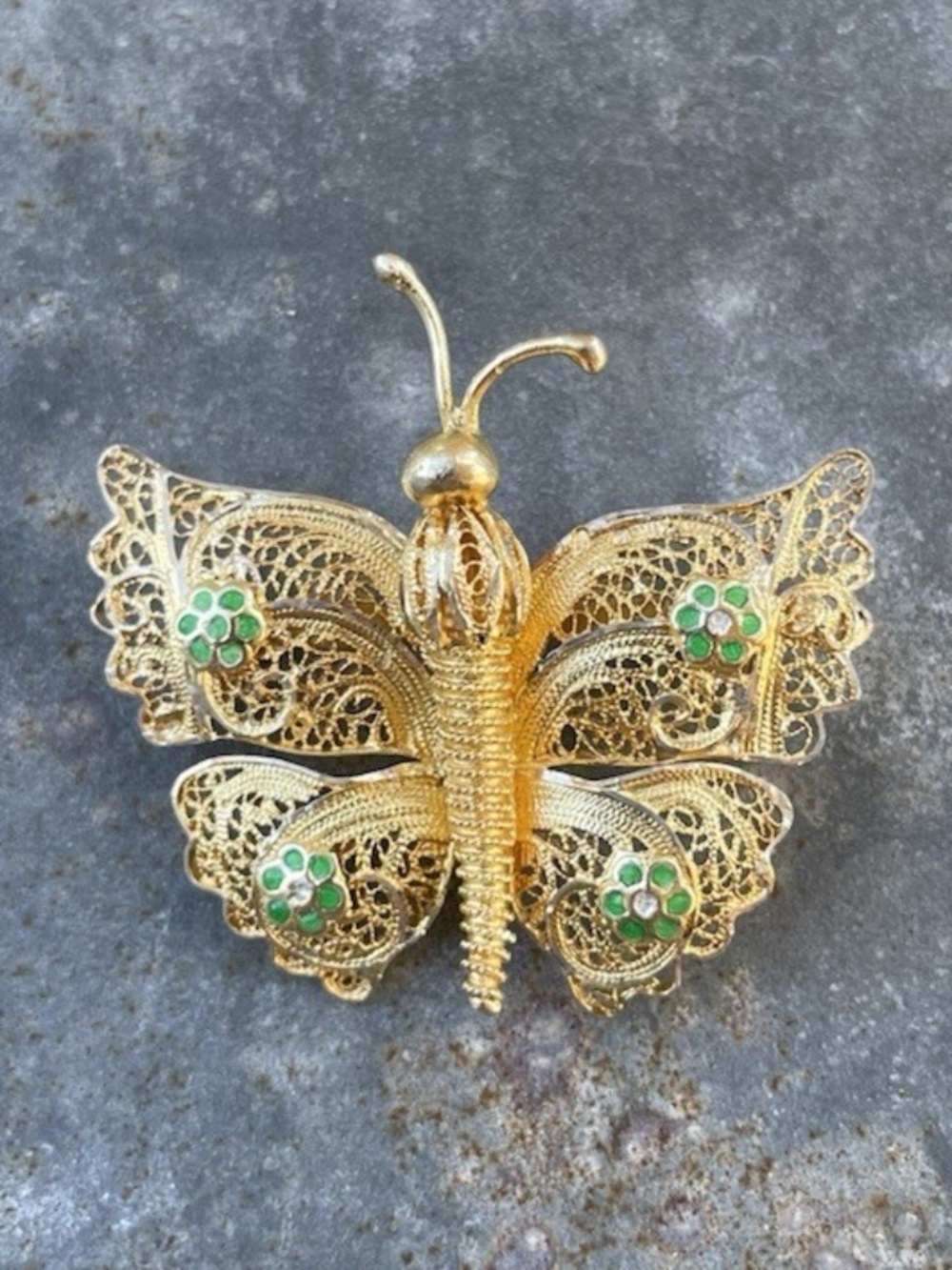 Antique silver gold wash filigree Butterfly Brooch w/ flower decoration